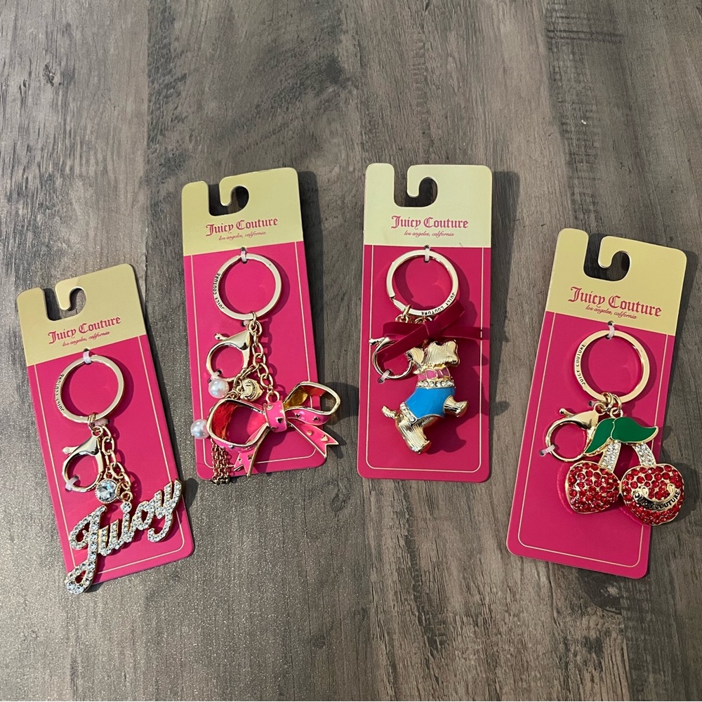 Juicy Couture Gold Bag Charms Keychain Set JC, Scottie Dog, Pink Bow & Cherries